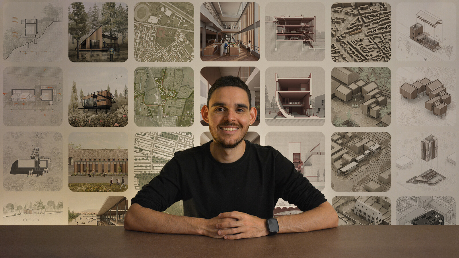 Carlos Sisco, profesor de Cursos Carletto, frente a un mural de láminas y renders de arquitectura